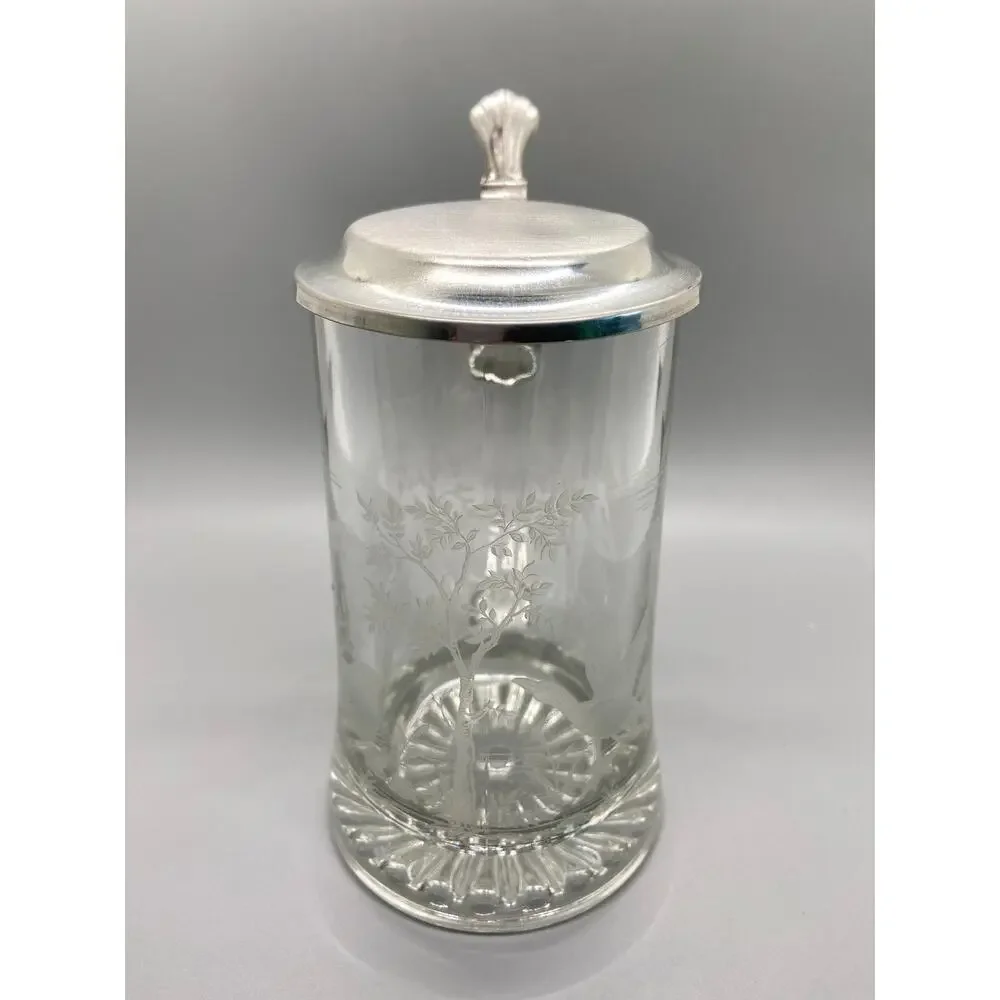 Glass Etched Duck and Pond Scene Metal Lid Stein